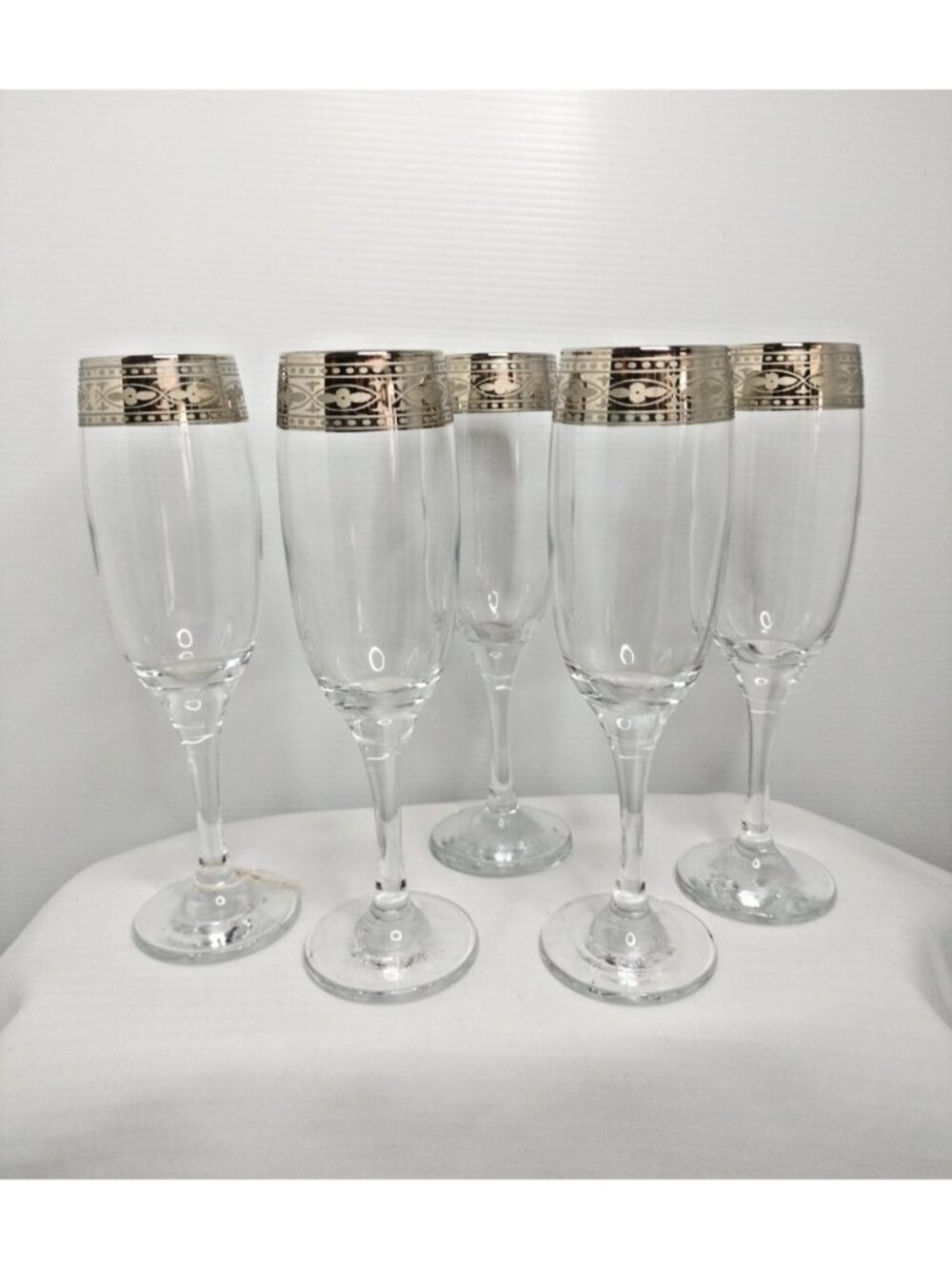 Italian Silver Platinum Rim 8"2/4x2" Crystal Set Of 5 Champagne Flute New